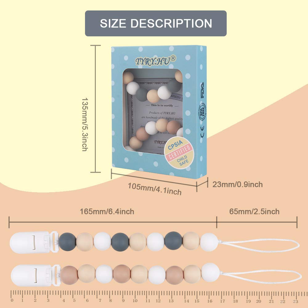 Pacifier Clip, TYRY.HU Silicone Teething Beads Binky Holder Soothie Teether Clips for Baby Boys or Girls, 2 Pack (White+Grey) : Baby