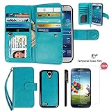 Samsung S4 Case, xhorizon TM FLK Premium Leather Folio Wallet Magnetic Wristlet Soft Flip Multiple Card Slots Case for Samsung Galaxy S4 i9500 with a 9H 0.25mm Tempered Glass Screen Protector
