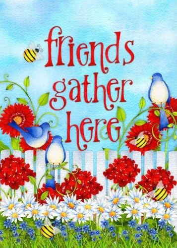 "Friends Gather Here" Large Spring Summer Flag with Flowers, Birds, Bumble Bees, Ladybugs, Fence -28" x 40" (For Porch House Yard Garden School Library Hotel Vet Veterinarian Office Door Church Patio Outdoor Banner Decorations Etc.)