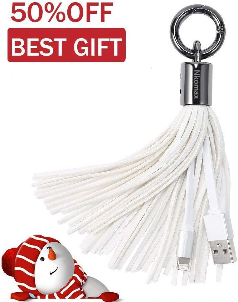 Short Lightning Cable Leather Tassel Keychain iPhone charger, High Speed Portable Key Buckle Tassel Keychain Ring Charging Cable for iPhone, iPad, Bag(White)