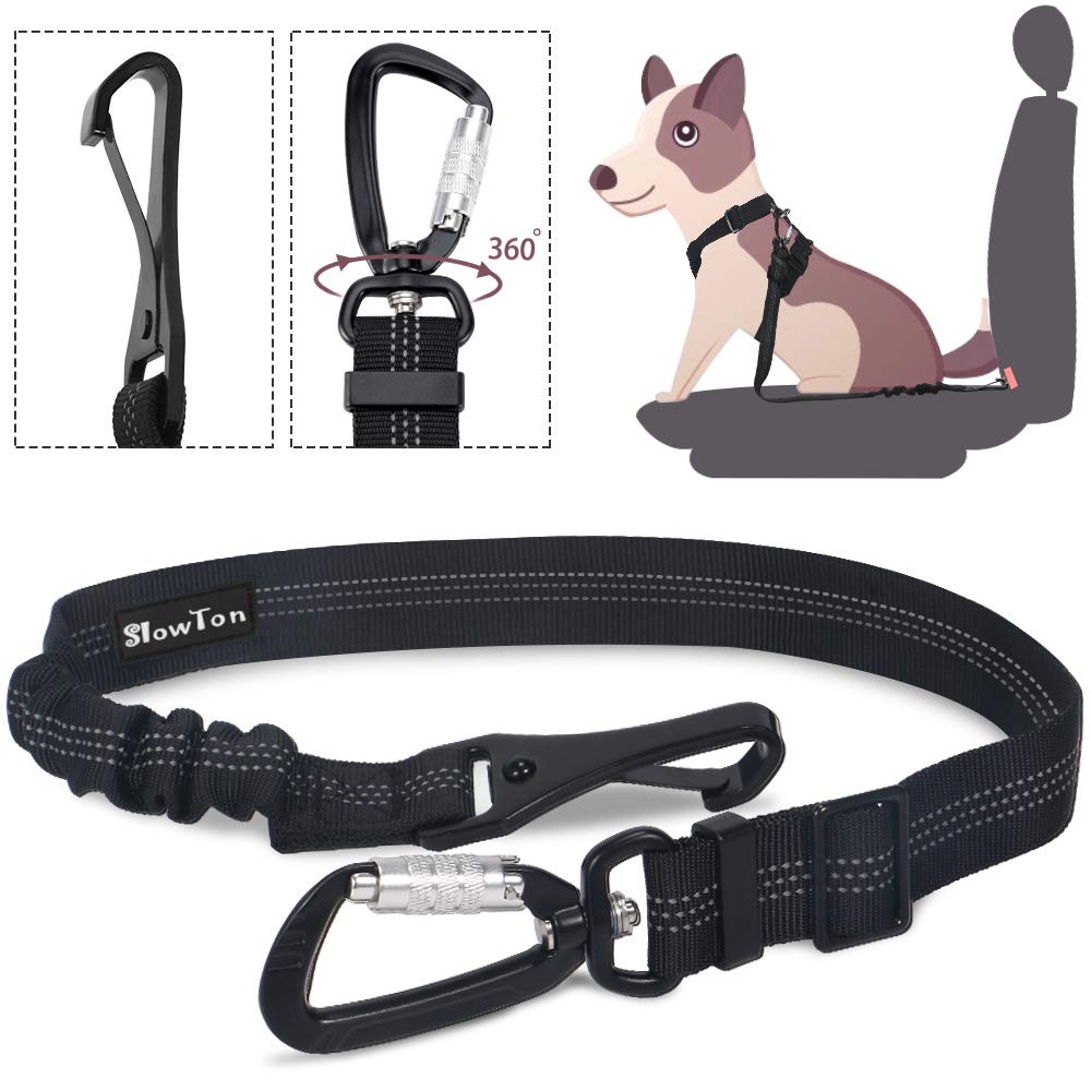 Slowton Dog Seatbelt, Pet Car Seat Belt Latch Bar Attachment Lockable Swivel Carabiner Small Medium Large Dogs Adjustable Elastic Bungee Safety Belt Reflective Stitching Connect (Black)
