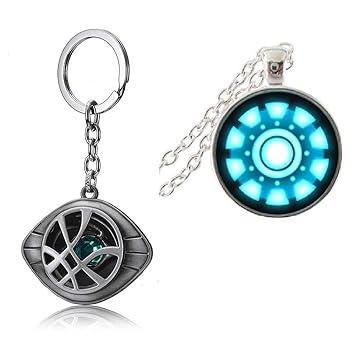 LADY HAWK Marvel Avengers Doctor Strange Silver Eye of Agamotto Keychain and Ironman Arc Reactor Pendant with Chain - Pack of 2 Pcs