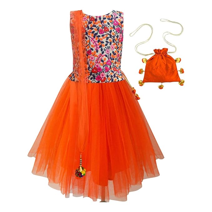 A.T.U.N By Hopscotch Girls Polyester Gardania Embroidered Lehenga Set With Potli in Orange Color For Ages 7-8 Years (ATU-1094864)