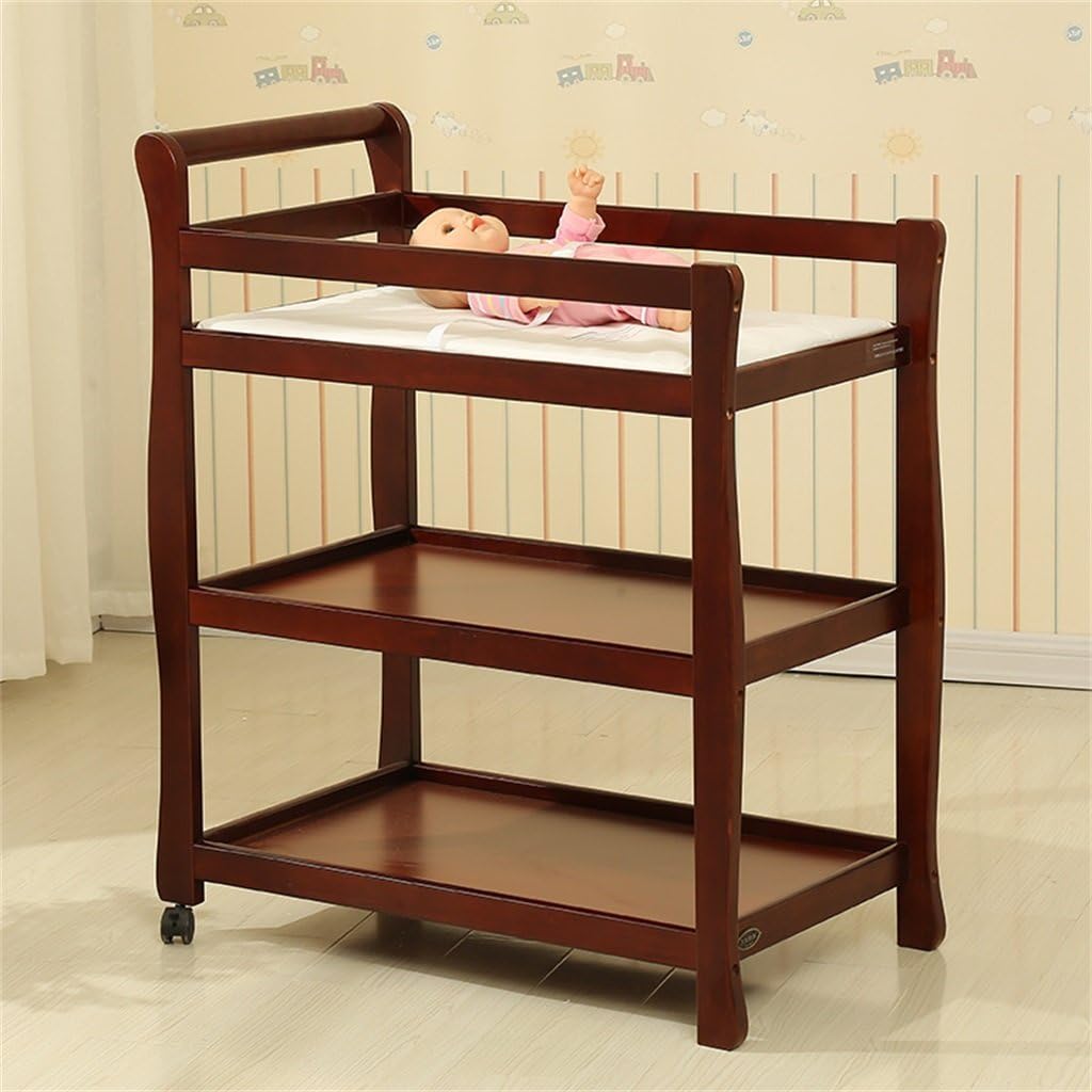 Baby Changing Table DELLT Three Layers Solid Wood Baby Nursing Desk / 0~3 Years Old Shower Stand Massage Table / 73 Cm/81 Cm Two Height Options Two Rounds Removable With Brake Diaper Table/Load 30 Kg