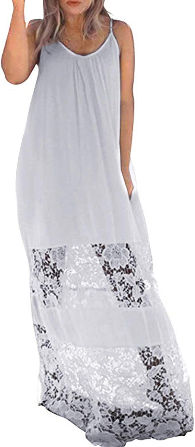 Kidsform Maxi Dresses for Women Casual Loose Lace Mesh Solid Sundresses at Amazon Womenâs 