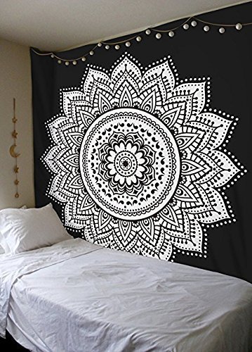 Heyrumbh Handicrafts Lotus Flower Tapestry Boho Psychedelic Tie Dye Mandala Wall Hanging Decoration (Black and White, 84 X 54 inches)