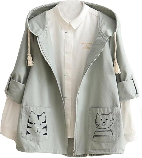 Amazon ニカ レディース コート 春 秋 ジャケット ジャンパー ブルゾン 長袖 ブルゾン 薄手 刺しゅう 原宿系 かわいい おしゃれ Bf風 シンプル コートグリーン コート ジャケット 通販