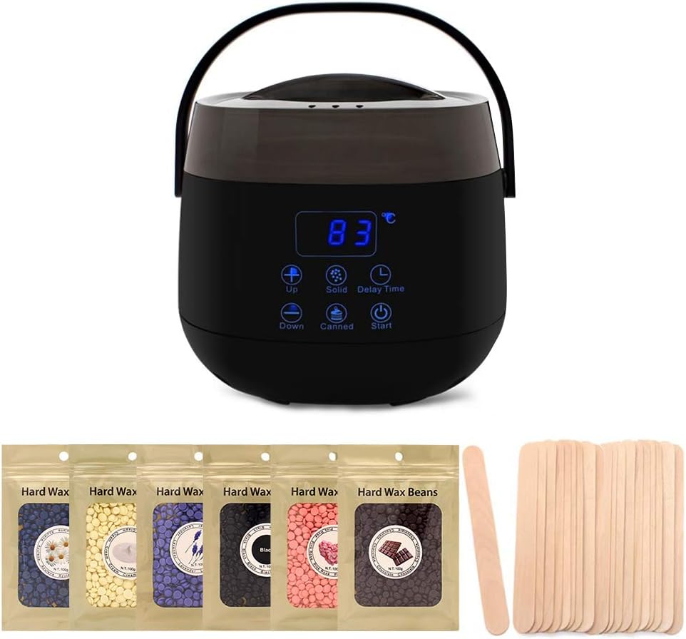 Wax Warmer,CleanDell Painless Hair Removal Waxing kit with LED Screen Display,Electric Wax Pot Heater and 20 Applicator Sticks,6 Flavors Hard Wax Beans for Women and Men