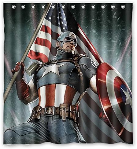 JIUDUIDDODO Coustom Durable Marvel Superhero Captain America and Flag Comic Waterproof Polyester Fabric Soft Shower Curtain Size 66"x72"