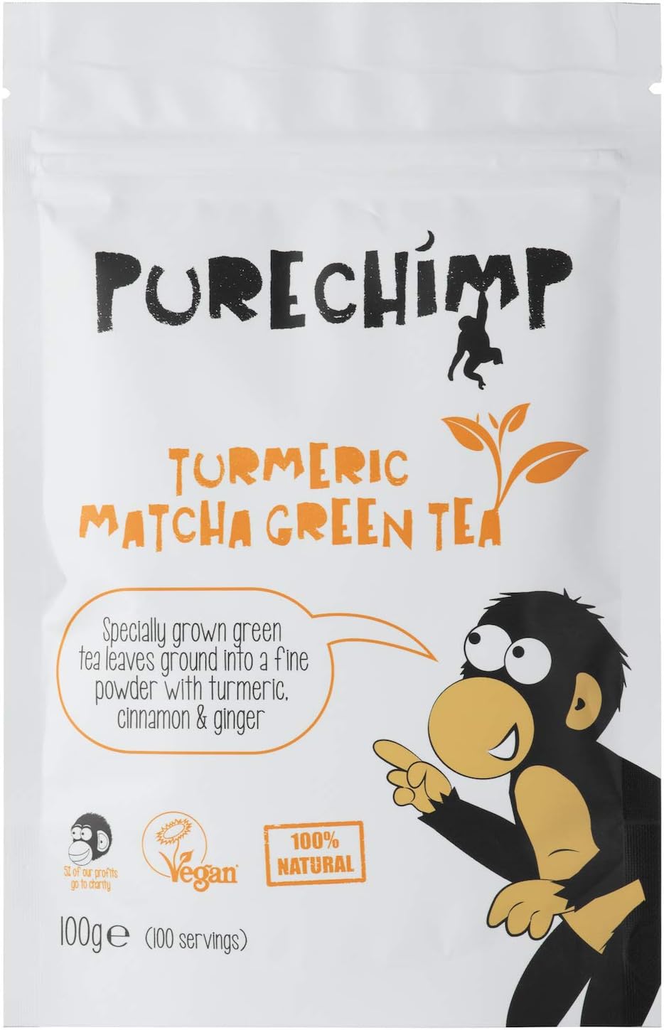 Turmeric Matcha Green Tea | 100g Pouch by PureChimp | for Matcha Lattes | Pesticide-Free