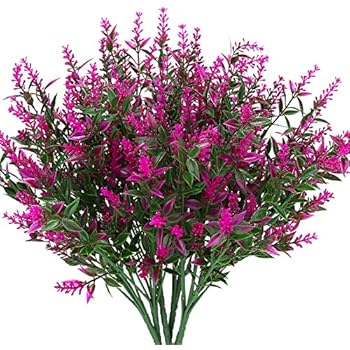 KLEMOO Artificial Lavender Flowers Plants 6 Pieces, Lifelike UV Resistant Fake Shrubs Greenery Bushes Bouquet to Brighten up Your Home Kitchen Garden Indoor Outdoor Decor(Fushia)