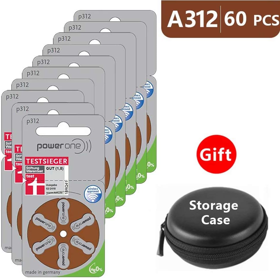 Hearing Aid Batteries Size 312 za Power one,Pack of 60,Brown Tab PR41 1.45V Type 312 Zinc Air Battery for Hearing Aids Sound Amplifier