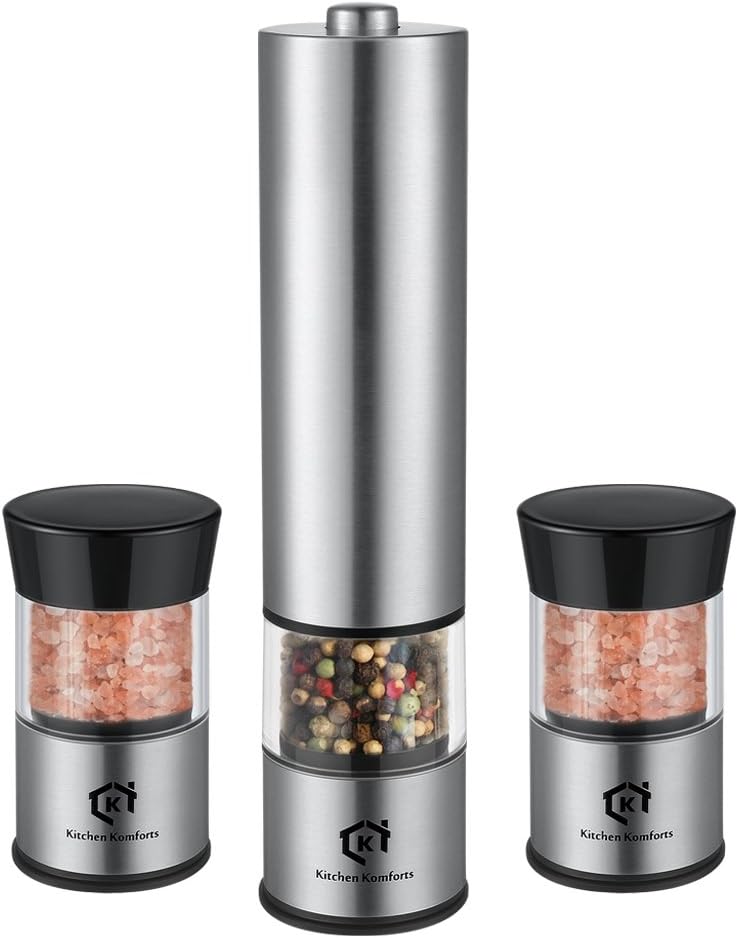 Electric Salt and Pepper Grinder Set, Kitchen Komforts 3 In 1 Salt and Pepper Grinder Mill Set Stainless Steel Battery Operated Pepper Shaker with Adjustable Ceramic Grinder