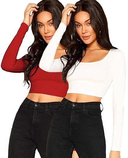 1059 Women's Cotton Basic Sexy Solid Scoop Neck Slim Fit Full Sleeve Saree Readymade Saree Blouse Crop Top T-Shirt for Women