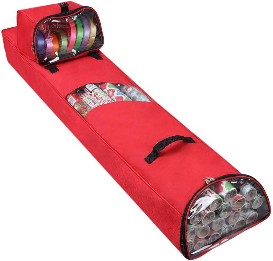 Primode Long Wrapping Paper Storage Bag Hanging | Heavy Duty Xmas Gift Wrap Storage Organizer with Detachable Accessory Tote Durable 600D Oxford (2PC Gift Wrap Case Set) 48