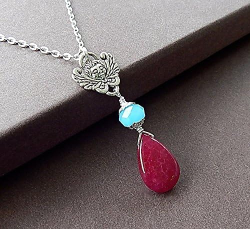 Love's Guardian Silver Cherub Natural Red Ruby Teardrop Gemstone Door Knocker Necklace