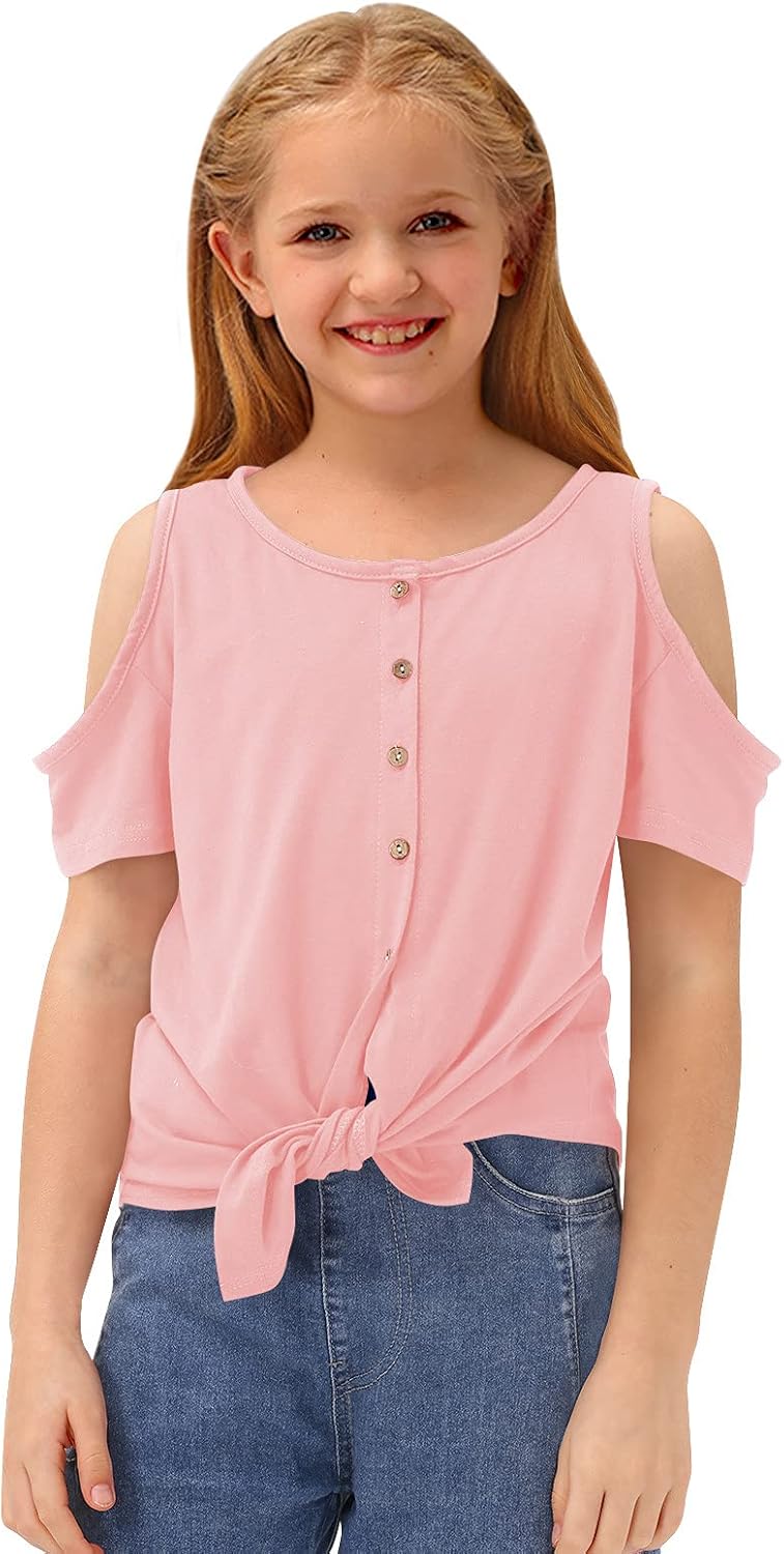 BesserBay Girl's Casual Solid Twist Knot Front Tunic Shirt Cold Shoulder Top 3-12 Years: Clothing