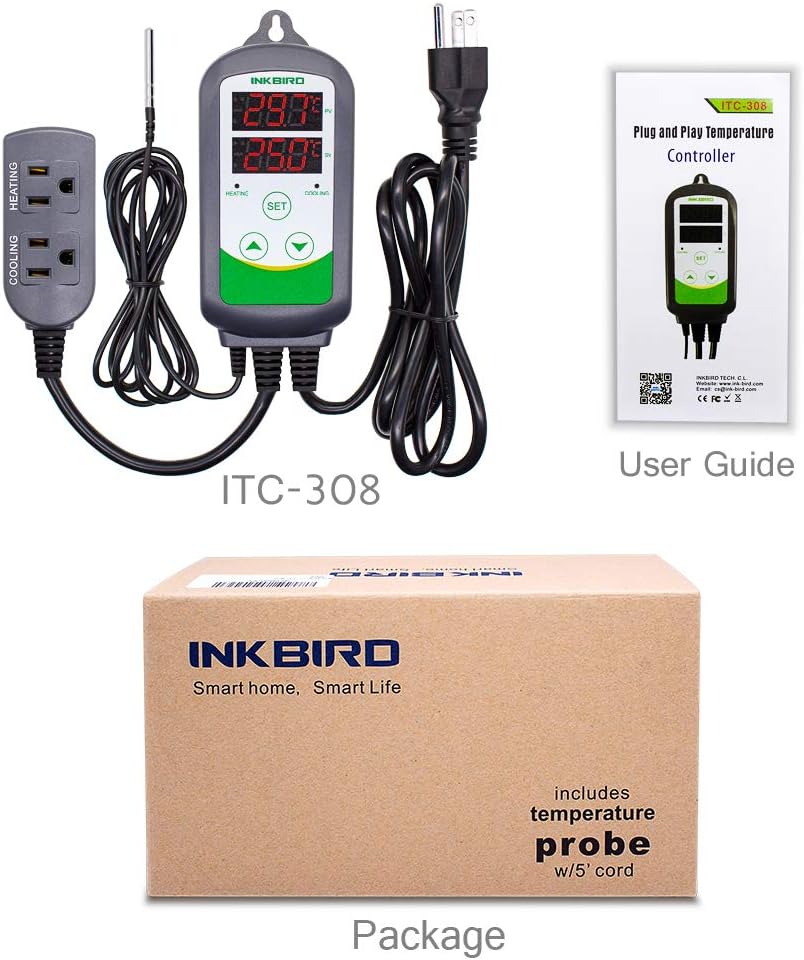 Inkbird ITC-308 Digital Temperature Controller Outletsmoker Thermostat, 2-Stage, 1100W, with Sensor Reptile Beer Brewing Kegs Fridge Cured Meat Breeding: Industrial & Scientific