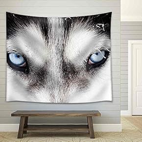 Close Up on Blue Eyes of a Husky Dog - Fabric Wall Tapestry Home Decor - 51x60 inches