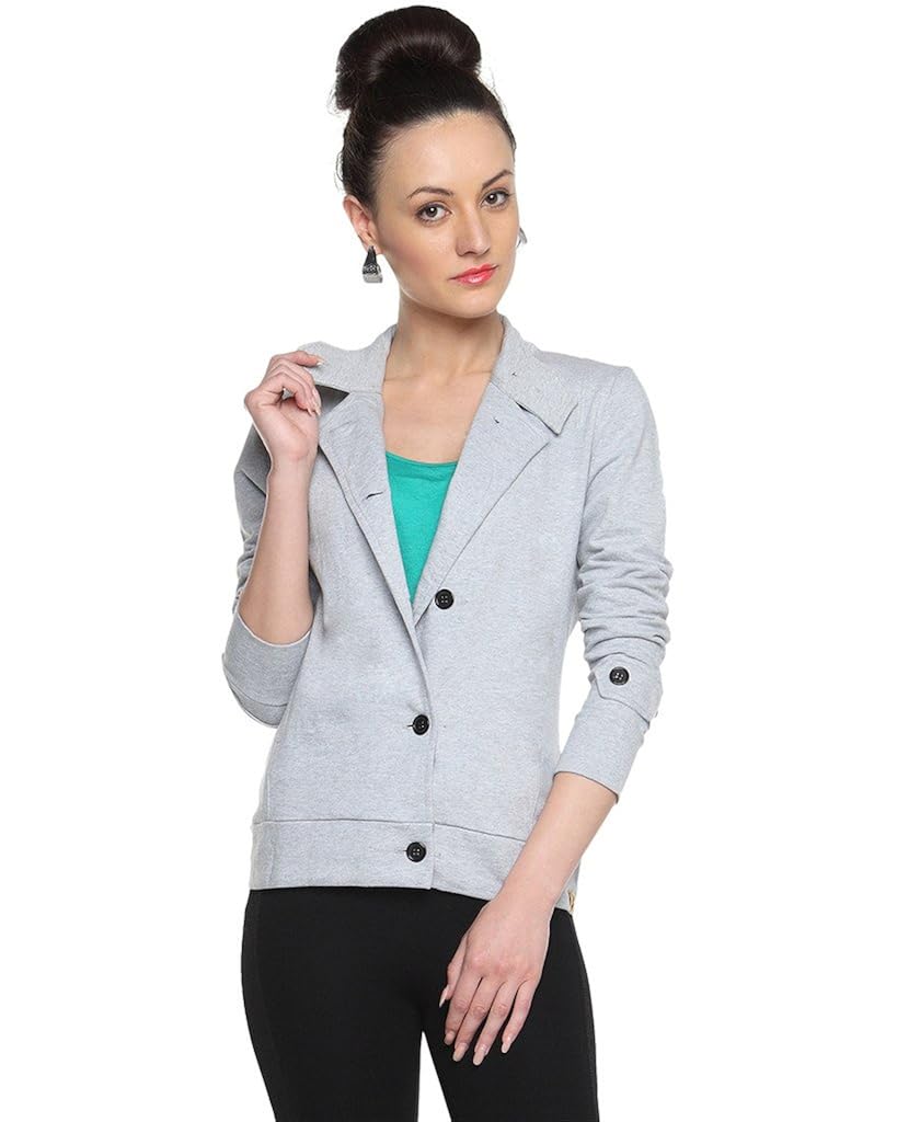 campus sutra grey women's cotton buttoned structured blazer