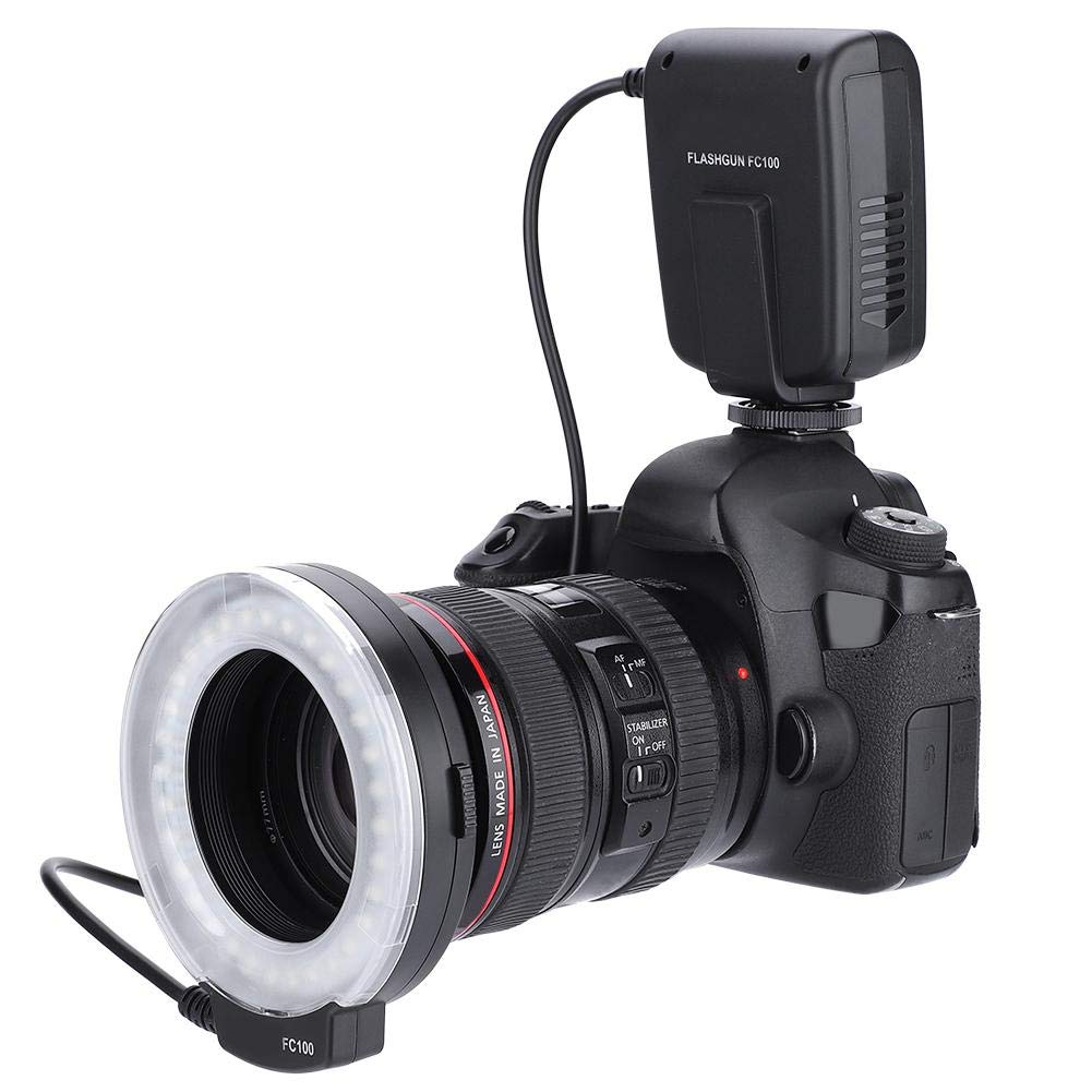 Topiky FC-100 Portátil LED Macro Anillo Flash 5500K Ajuste Brillo Juego de  luz de llenado para cámara de Video Speedlite con 8 adaptadores Anillo y  Controlador para cámara Canon/Nikon Flashes macro y