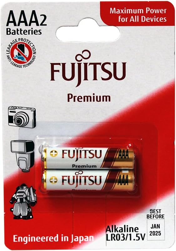 Fujitsu fb84050 - Pack of 2 Premium Alkaline Batteries (LR03 FP, Size AAA), multicoloured, AAA 2 Batteries