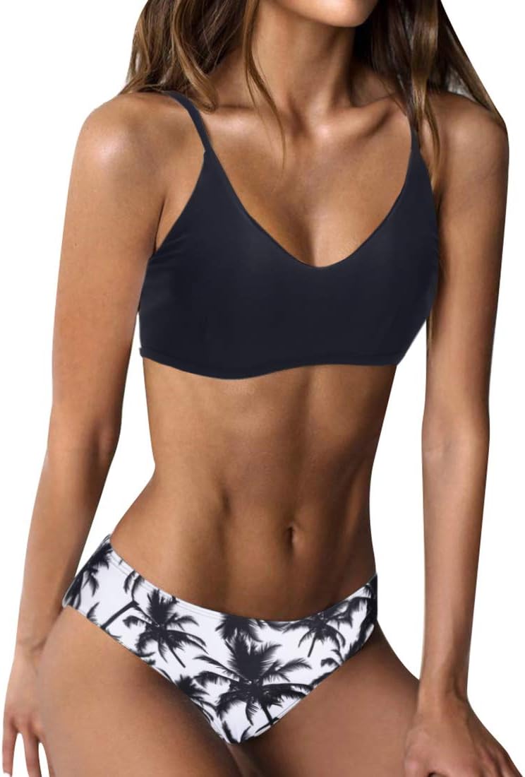 RUUHEE Women Ribbed Bikini Cheeky Bottom v Neck Brazilian Top 2 Piece Bathing Suits