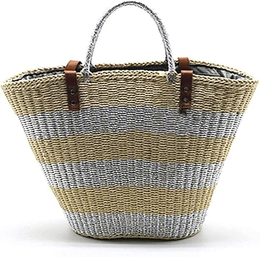 Woven Bag Handmade Straw Woven Beach Bag Handbag Summer Gold Silver
