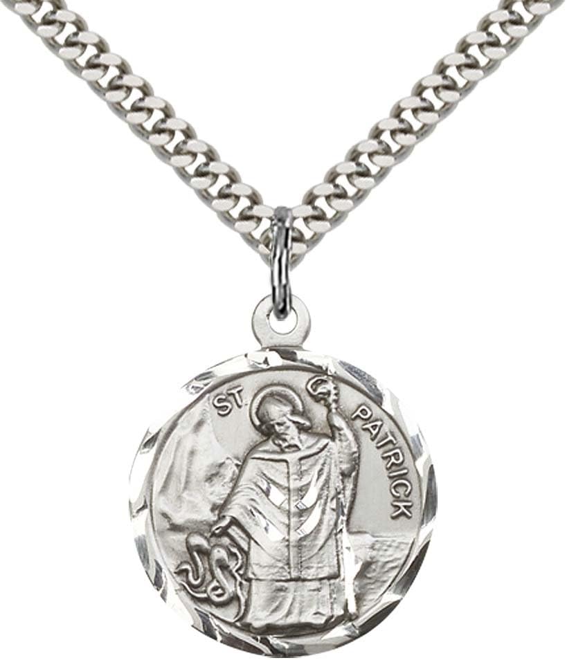 Sterling Silver St. Patrick Pendant with 24" Stainless Steel Heavy Curb Chain. Patron Saint of Snakes/Engineers/Ireland