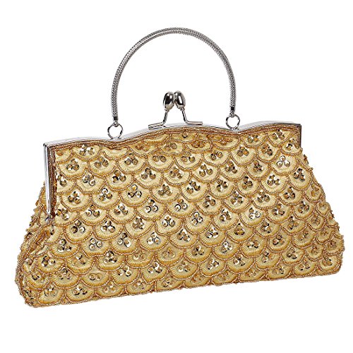 BMC Womens Luster Gold Elegant Scale Pattern Tiny Bead Encrusted Clutch Evening Bag