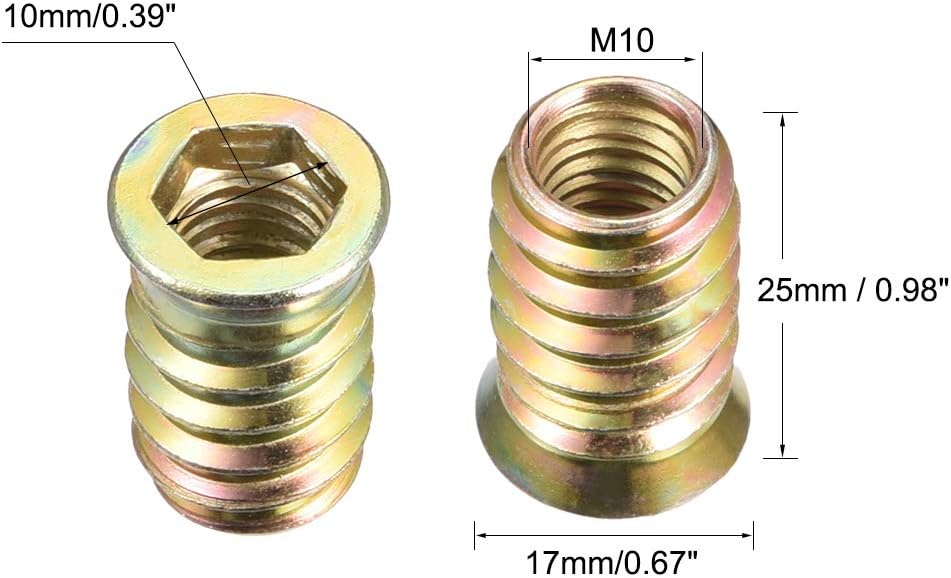 sourcing map Wood Furniture M10x25mm Threaded Insert Nuts Interface Hex Socket Drive 10pcs, M10x25mm-10pcs - Image 4