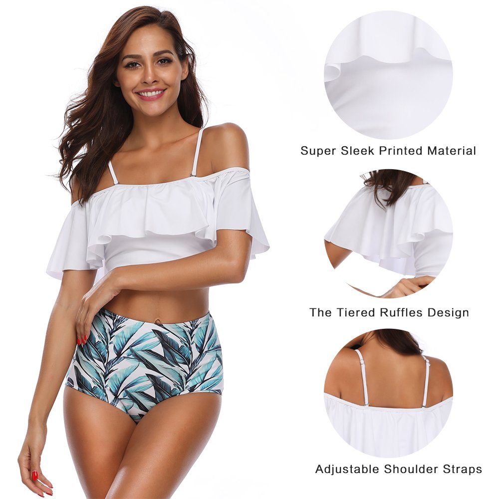 MarinaVida Women Off Shoulder Ruffle Swimsuit Crop Top Two Piece Bathing Suit