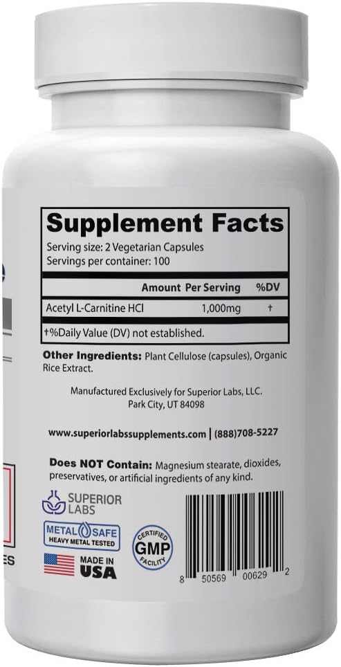 Superior Labs | Acetyl L-Carnitine 1000mg | 200 caps | Maximum Absorption | Pure Vegetable Capsules | Zero Synthetic Additives | Superior Absorption: Health & Personal Care