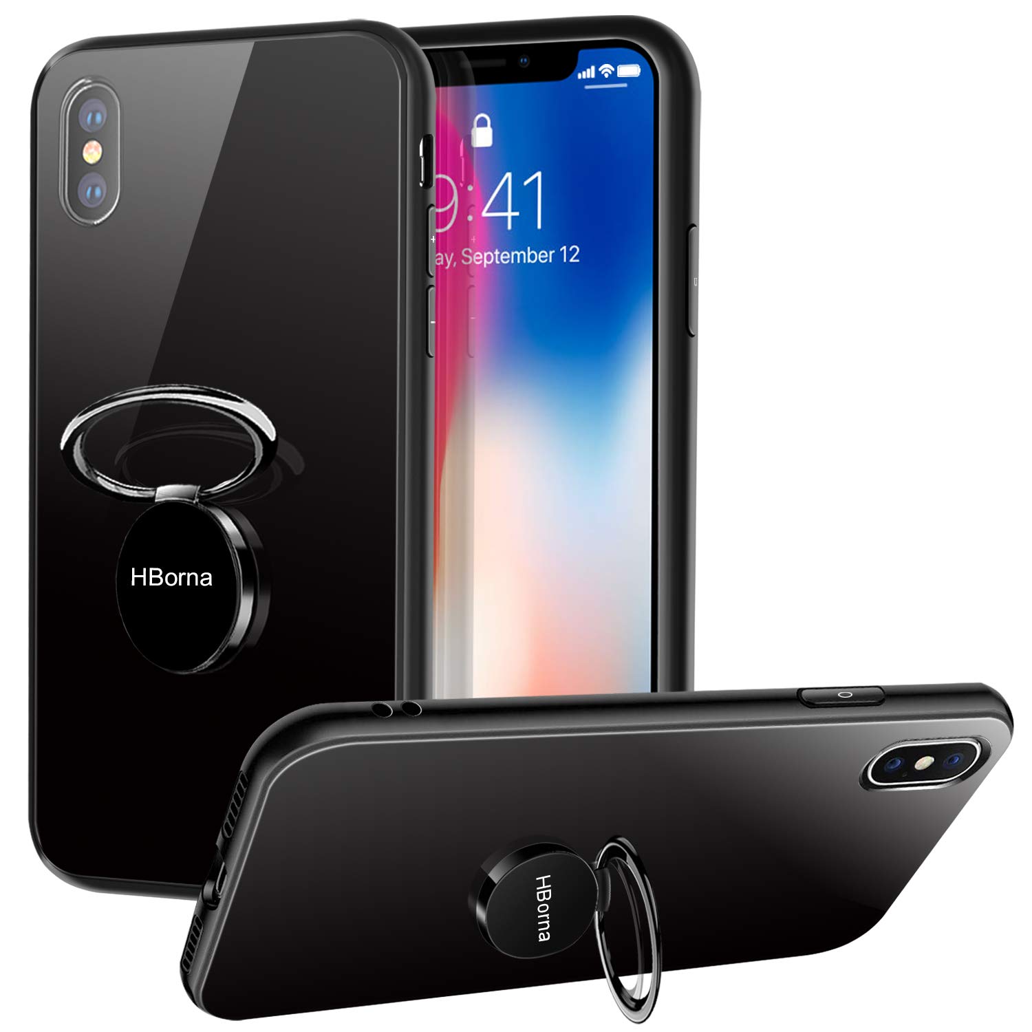 HBorna iPhone X Hülle，Kratzfest Gehärtetes Glas Rückschale Schutzhülle & Schutzfolie TPU Bumper mit 360 Grad drehbarer Ring Ständer for Apple iPhone X, iPhone 10 (Schwarz)