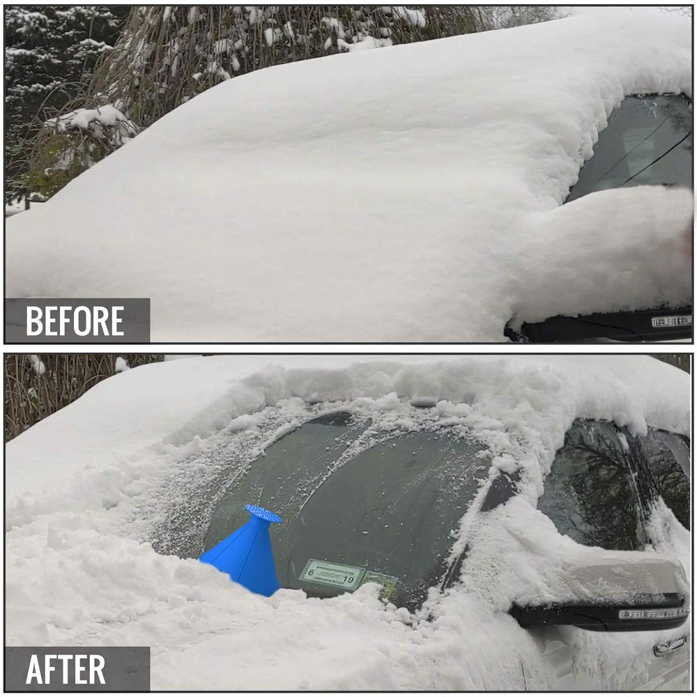 QUEES 2 Pack Ice Scraper Round Car Window Windshield Cone -Shaped 5.7″ Larger Coverage Diameter Snow Funnel Removal Tool with 4 Ice Breakers Blue