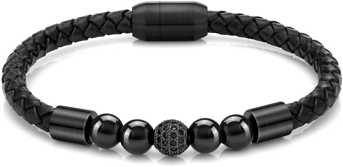 Sunligoo Mens Womens Natural Gemstone Reiki Healing Stone Beads Bracelets Set Genuine Leather Bead Bracelet with Magnetic Clasp