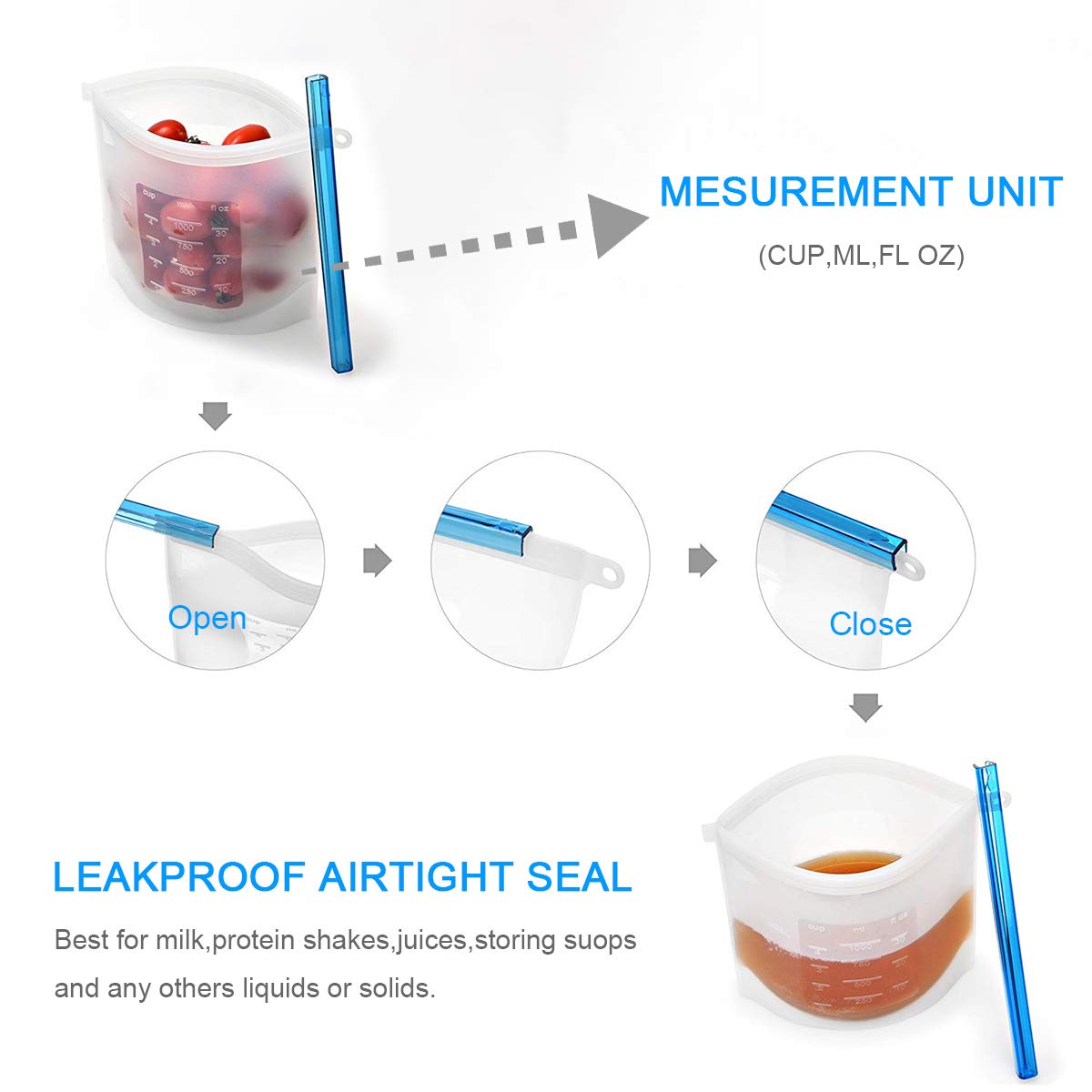 Reusable Silicone Food Storage Bags-Airtight Seal Ziplock Cooking Bags Food Saver Containers Keep Food Fresh-Storage Bags for Lunch,Snacks,Sandwich,Sous Vide and Freezer (50 Oz+30 Oz)