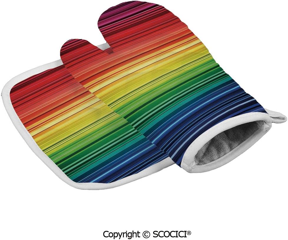 SCOCICI Oven Mitts,Professional Heat Resistant Rainbow Stripes with Gradient Neon Effects Featured Horizontal Non-Slip Kitchen Oven Glove for Cooking,Baking,Barbecue Potholders