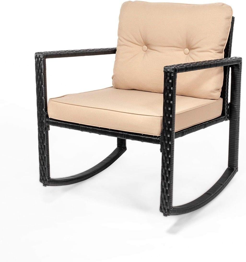 Barton Patio Rocking Chair 3pcs Set Patio Wicker Rattan Bistro Furniture Outdoor Rocker Chair Cushion w/Glass Coffee Table Set: Garden & Outdoor