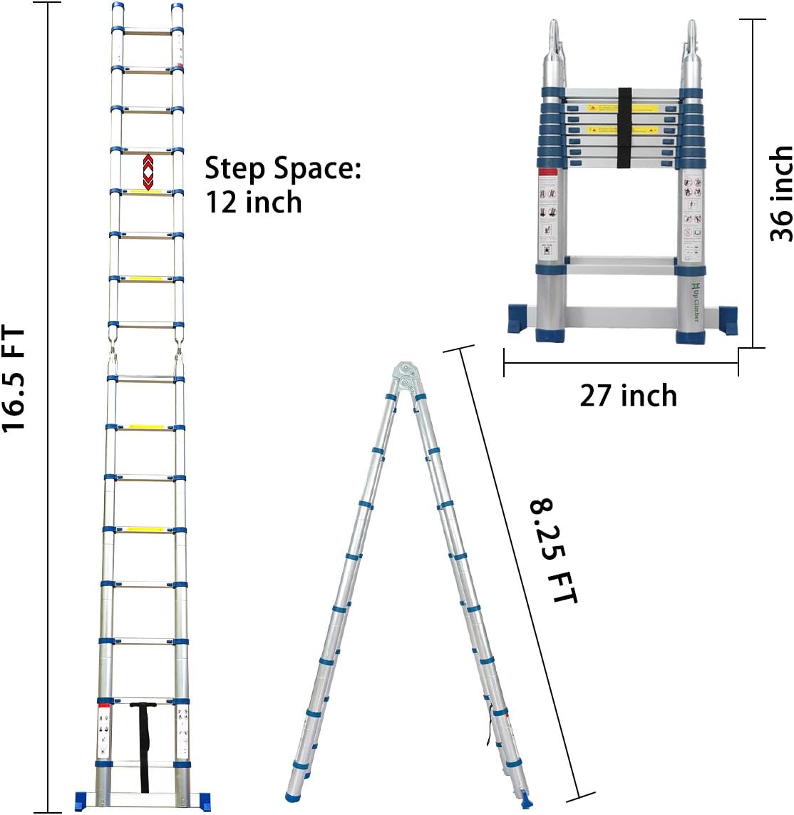 16.5 Ft Telescoping Ladder, Extension Ladder, A-Frame Portable Folding Ladder Aluminium Lightweight 330lb Load Capacity with Support Bar Anti-Slip - - 