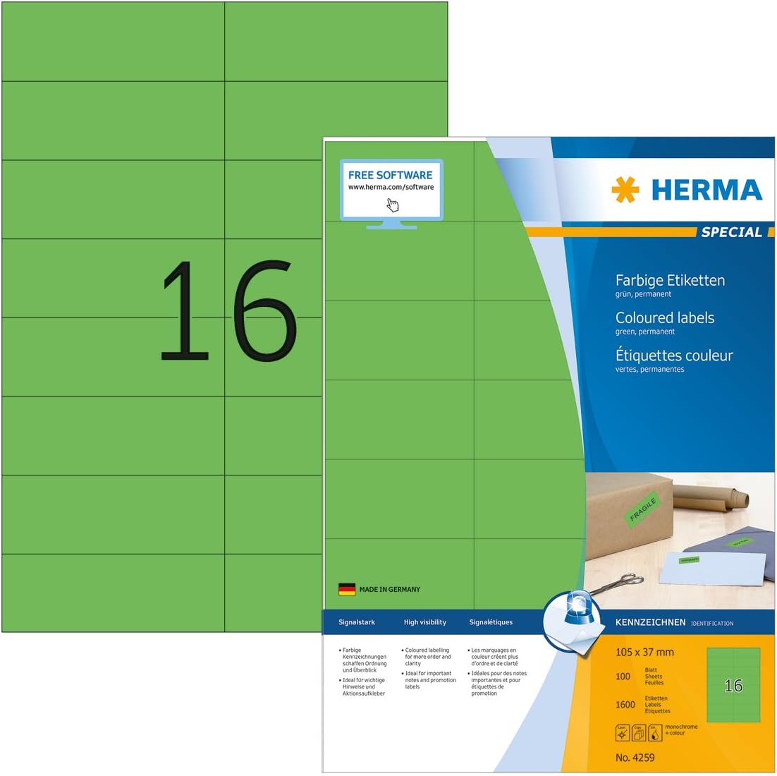 HERMA Self Adhesive Coloured Labels, 16 Labels per A4 Sheet, 100 Sheets, 105 x 37 mm, 1600 Labels