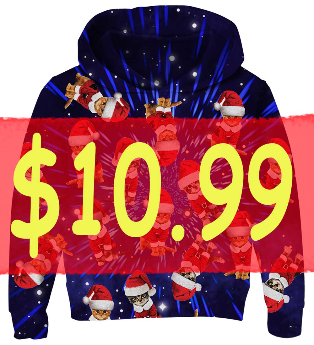 UNICOMIDEA 8-10T Kids Hoodies Ugly Christmas Sweatshirt Cute Printed Christams Cat Digital Pattern Jackets for Boys Winter Tops with Big Pocket,Blue,Size XL