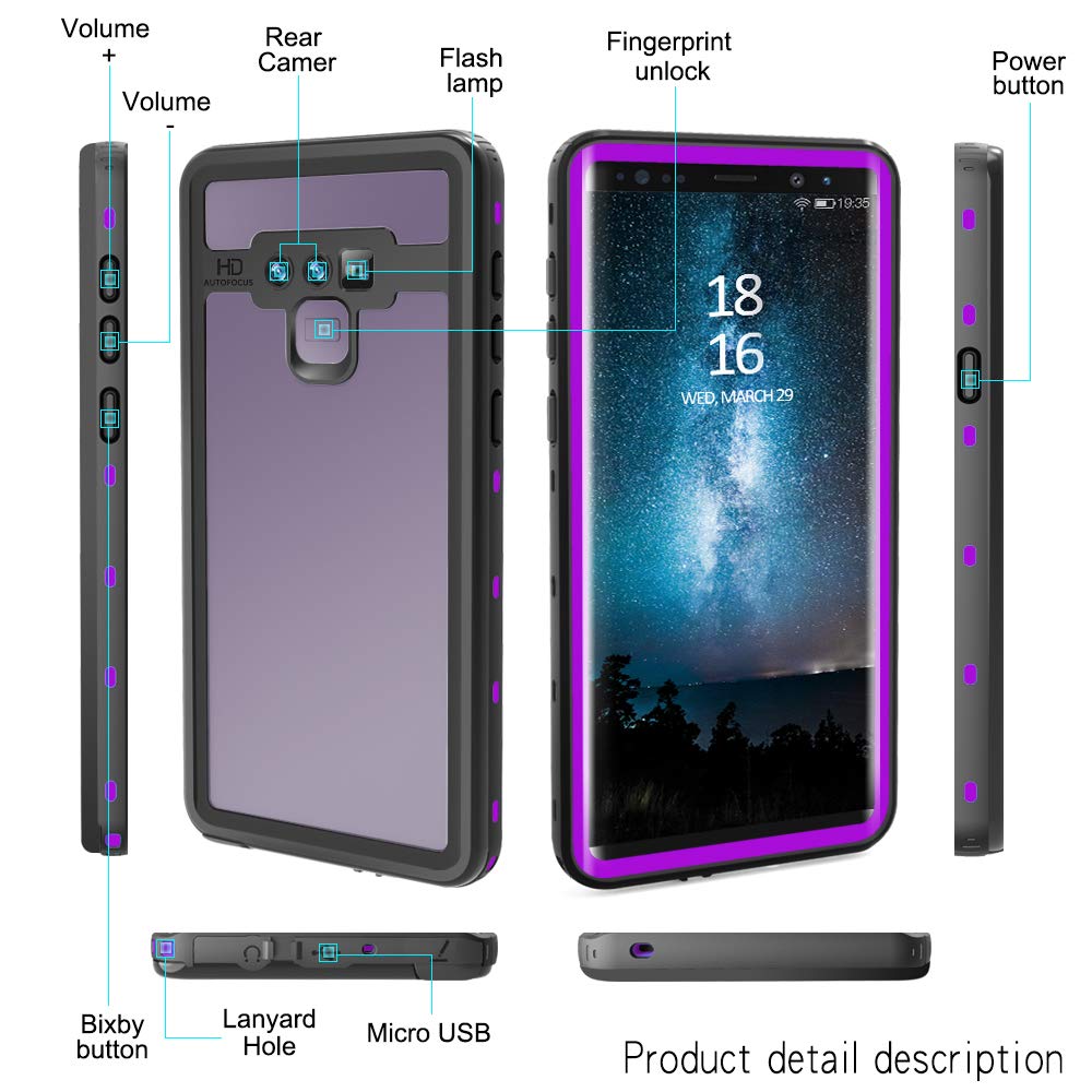 Samsung Galaxy Note 9 Waterproof Case,IP68 Certified Full Sealed Built-in Screen Protector Underwater Photo Swimming Protective Case for Outdoor Sports, Shockproof, Snowproof, Dirtproof (Purple)