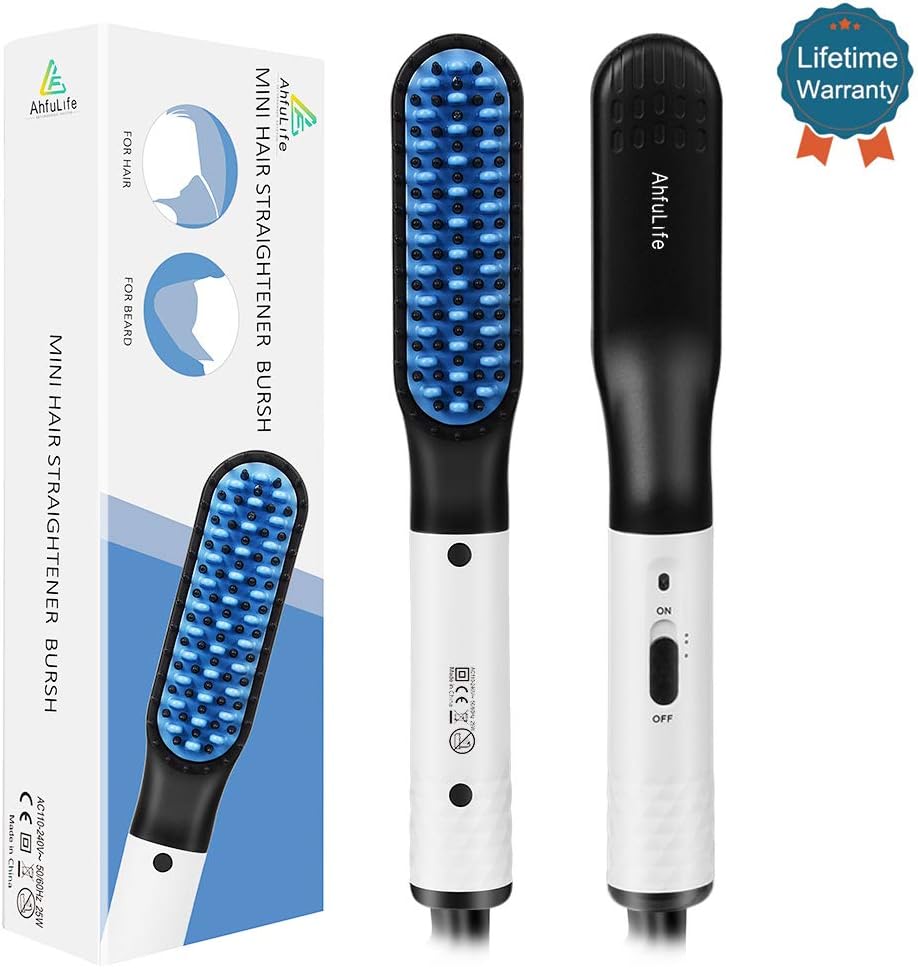 Hair/Beard Straightener Brush, AhfuLife Electrical Hair Styler Comb With Anti-scald Ceramic Ion, Quick Heating for Hair Styling & Beard Grooming for Men