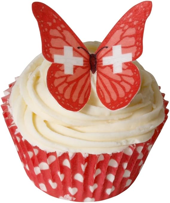 Pack Of 12 Edible Wafer Decorations Swiss Flag Butterflies