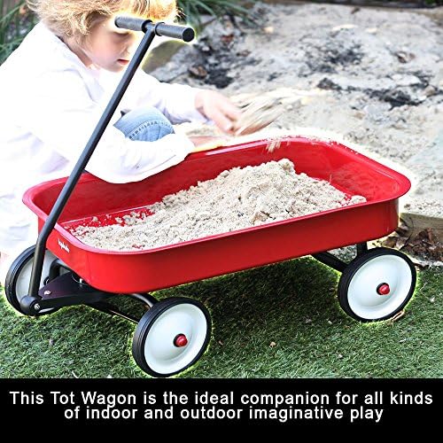 Portable Wagon For Kids Boys Girls Indoor Outdoor Beach Sand Small Toy Utility Playing Carrying Cart 4 Wheeled Gift Basket Safe T Design Comfortable Pull Handle Durable Seamless Steel For Toddlers Red
