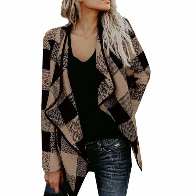 YWLINK Damen Revers Kariert Mantel Elegant Klassisch Wollmantel Warm Halten Strickjacke Mantel Langarm Jacke