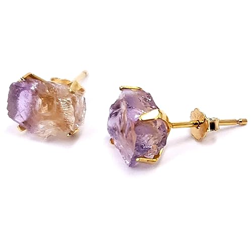 Amazon Com Raw Natural Ametrine Stud Earring With 925 Sterling Silver 14k Gold Plated Prong Setting Purple Gold Amethyst Citrine Genuine Ametrine Jewelry Uniquelan Jewelry Amethyst Handmade