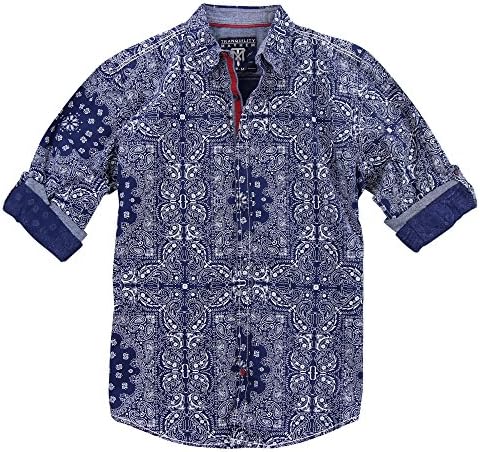 Men's Bandana Print Button Down Shirt (Navy/White, Medium)