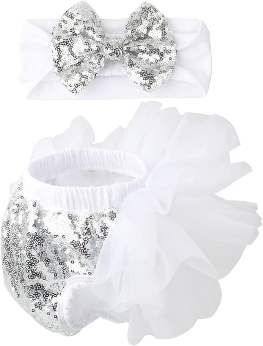 Slowera Baby Girls 2PCS Sets Cotton Tulle Sequins Diaper Cover Bloomers and Headband